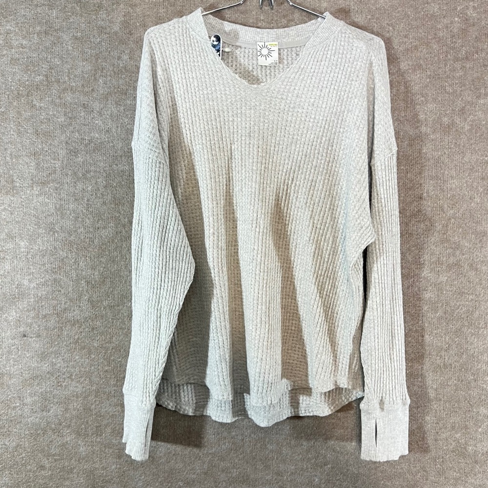 OFFLINE by Aerie Waffle Knit Top Womens Small Gray V-Neck Thumbhole Athleisure